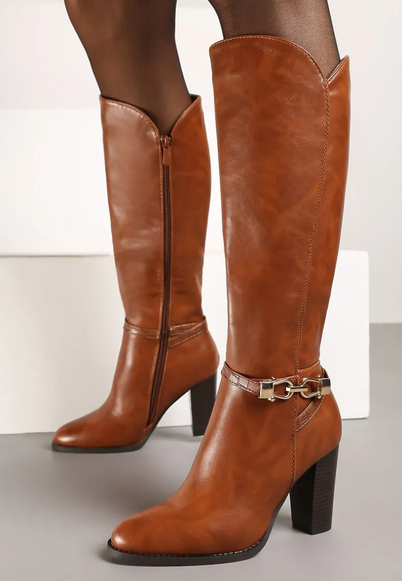 Jasnobrązowe Kozaki na Słupku Muszkieterki z Klamerką Vortilina