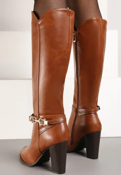 Jasnobrązowe Kozaki na Słupku Muszkieterki z Klamerką Vortilina