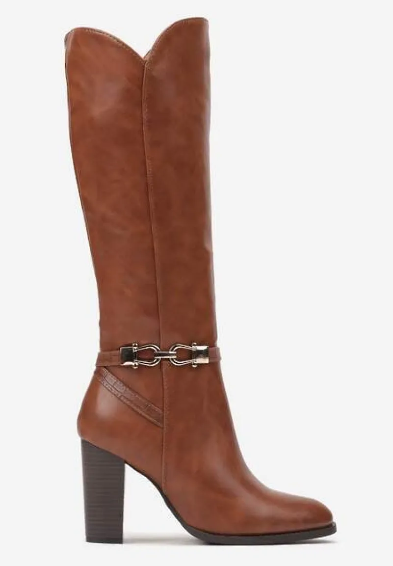 Jasnobrązowe Kozaki na Słupku Muszkieterki z Klamerką Vortilina