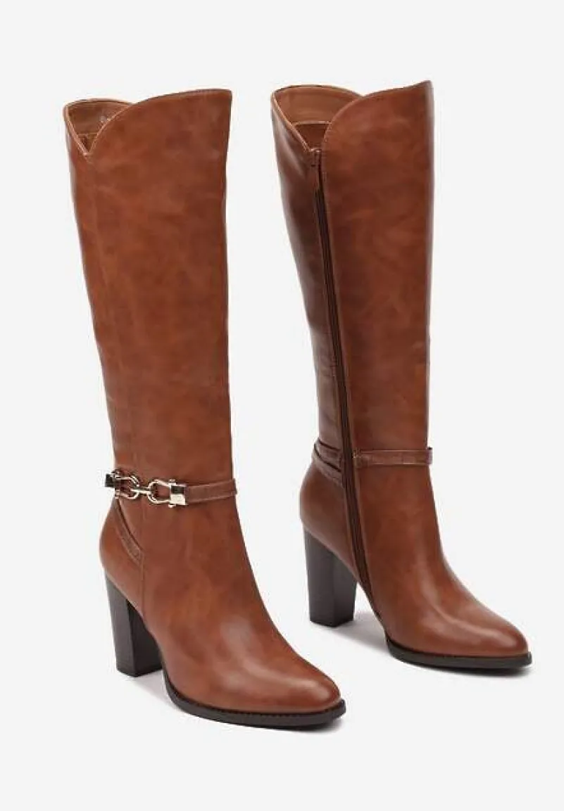 Jasnobrązowe Kozaki na Słupku Muszkieterki z Klamerką Vortilina