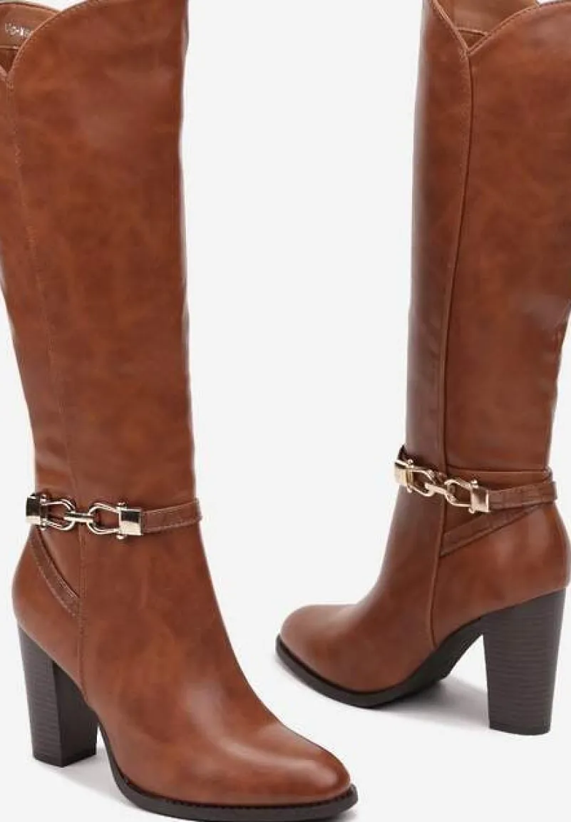 Jasnobrązowe Kozaki na Słupku Muszkieterki z Klamerką Vortilina