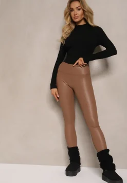 Jasnobrązowe Legginsy z Imitacji Skóry High Waist z Polarem Selabra