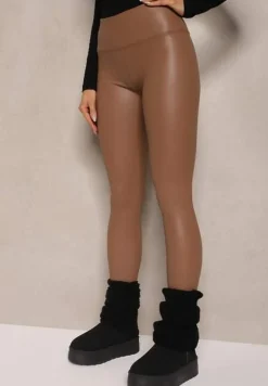 Jasnobrązowe Legginsy z Imitacji Skóry High Waist z Polarem Selabra