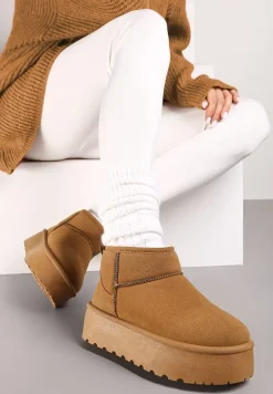 Jasnobrązowe Śniegowce na Platformie Ocieplane Futrem Saiveen