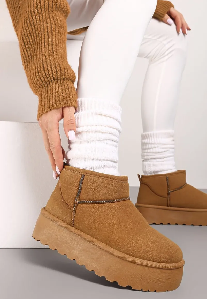 Jasnobrązowe Śniegowce na Platformie Ocieplane Futrem Saiveen