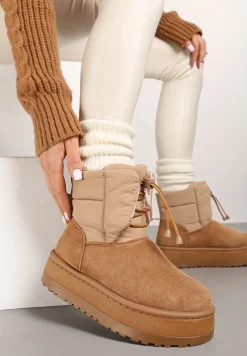Jasnobrązowe Śniegowce na Platformie z Pikowaną Cholewką Ściągaczem i Sznurowaniem Mazirina
