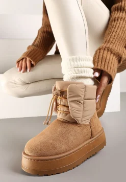 Jasnobrązowe Śniegowce na Platformie z Pikowaną Cholewką Ściągaczem i Sznurowaniem Mazirina