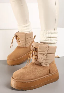 Jasnobrązowe Śniegowce na Platformie z Pikowaną Cholewką Ściągaczem i Sznurowaniem Mazirina