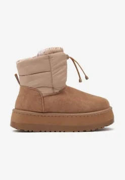 Jasnobrązowe Śniegowce na Platformie z Pikowaną Cholewką Ściągaczem i Sznurowaniem Mazirina