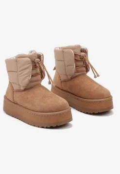 Jasnobrązowe Śniegowce na Platformie z Pikowaną Cholewką Ściągaczem i Sznurowaniem Mazirina
