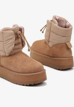 Jasnobrązowe Śniegowce na Platformie z Pikowaną Cholewką Ściągaczem i Sznurowaniem Mazirina