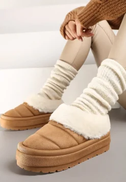 Jasnobrązowe Niskie Śniegowce Ekozamszowe na Platformie z Pikowaniem i Futerkiem Realira