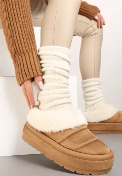 Jasnobrązowe Niskie Śniegowce Ekozamszowe na Platformie z Pikowaniem i Futerkiem Realira