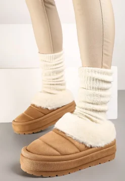 Jasnobrązowe Niskie Śniegowce Ekozamszowe na Platformie z Pikowaniem i Futerkiem Realira