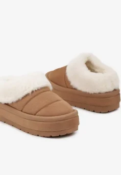 Jasnobrązowe Niskie Śniegowce Ekozamszowe na Platformie z Pikowaniem i Futerkiem Realira