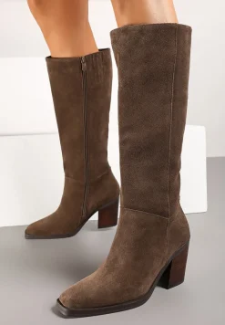 Jasnobrązowe Skórzane Kozaki na Słupku Realinae