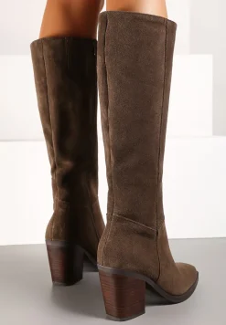 Jasnobrązowe Skórzane Kozaki na Słupku Realinae