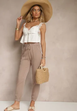 Jasnobrązowe Spodnie Dresowe High Waist z Ozdobnym Wiązaniem Ellivaria