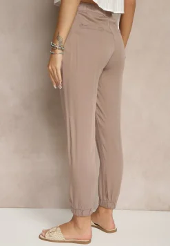 Jasnobrązowe Spodnie Dresowe High Waist z Ozdobnym Wiązaniem Ellivaria