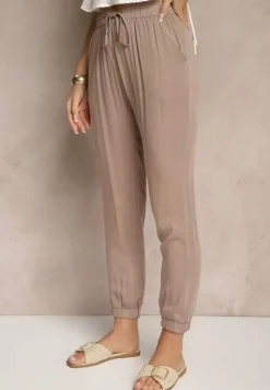 Jasnobrązowe Spodnie Dresowe High Waist z Ozdobnym Wiązaniem Ellivaria