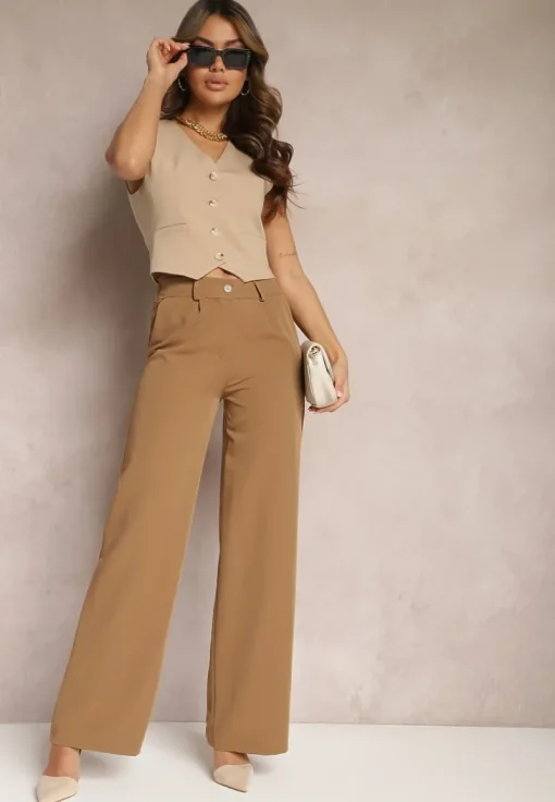 Jasnobrązowe Szerokie Spodnie High Waist z Gumką w Pasie Eternel