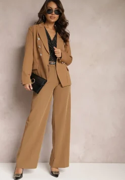 Jasnobrązowe Szerokie Spodnie High Waist z Gumką w Pasie Eternel