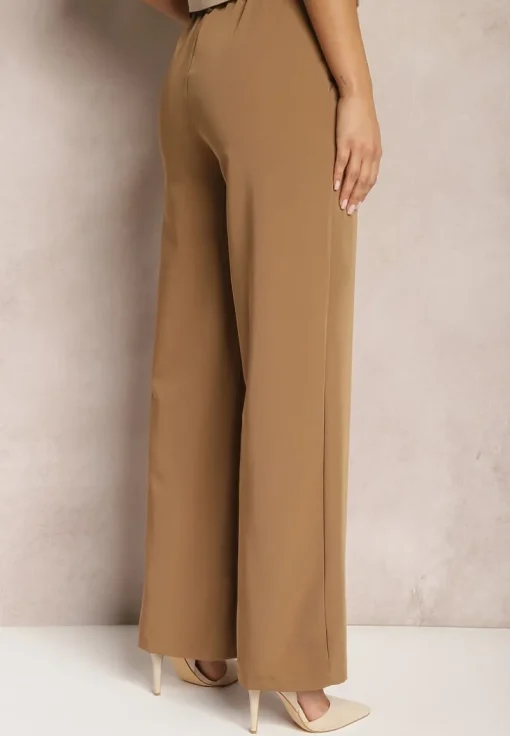 Jasnobrązowe Szerokie Spodnie High Waist z Gumką w Pasie Eternel