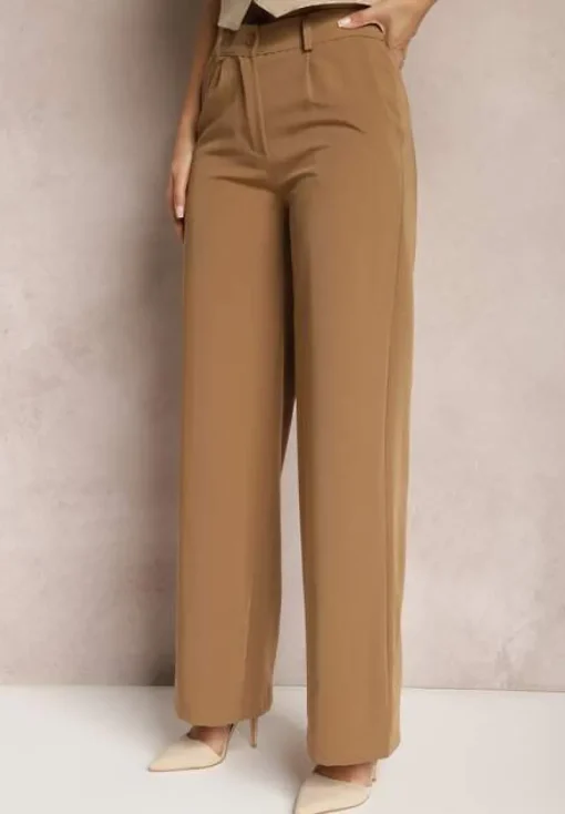 Jasnobrązowe Szerokie Spodnie High Waist z Gumką w Pasie Eternel