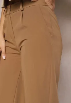 Jasnobrązowe Szerokie Spodnie High Waist z Gumką w Pasie Eternel
