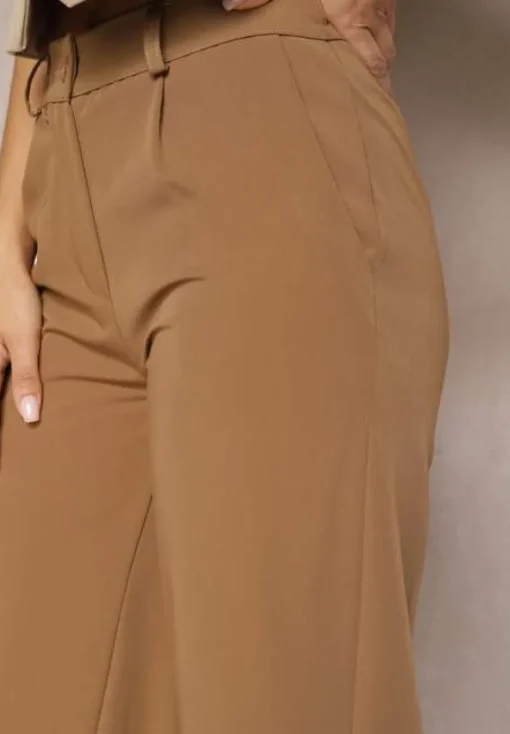 Jasnobrązowe Szerokie Spodnie High Waist z Gumką w Pasie Eternel