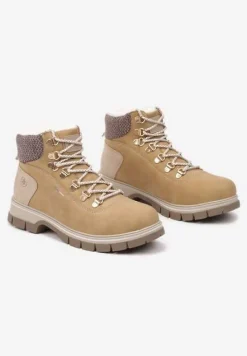 Jasnobrązowe Sznurowane Traperki na Płaskiej Podeszwie Ozdobione Futerkiem Seassia