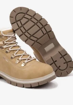 Jasnobrązowe Sznurowane Traperki na Płaskiej Podeszwie Ozdobione Futerkiem Seassia