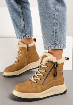 Jasnobrązowe Sznurowane Trapery Ocieplane na Płaskiej Podeszwie Ozdobione Suwakiem Esaviren