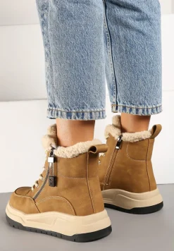 Jasnobrązowe Sznurowane Trapery Ocieplane na Płaskiej Podeszwie Ozdobione Suwakiem Esaviren