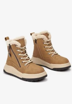 Jasnobrązowe Sznurowane Trapery Ocieplane na Płaskiej Podeszwie Ozdobione Suwakiem Esaviren