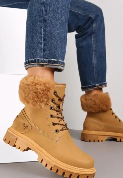 Jasnobrązowe Traperki Sznurowane z Futerkiem Vishe