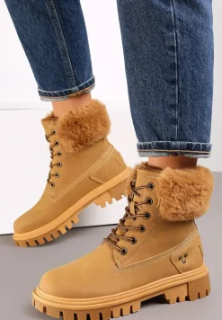 Jasnobrązowe Traperki Sznurowane z Futerkiem Vishe