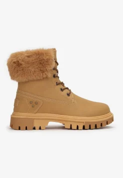 Jasnobrązowe Traperki Sznurowane z Futerkiem Vishe