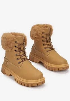 Jasnobrązowe Traperki Sznurowane z Futerkiem Vishe