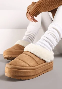 Jasnobrązowe Wsuwane Śniegowce na Platformie Ozdobione Futerkiem Sinthiana