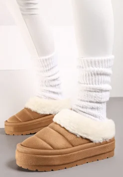 Jasnobrązowe Wsuwane Śniegowce na Platformie Ozdobione Futerkiem Sinthiana