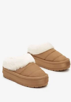 Jasnobrązowe Wsuwane Śniegowce na Platformie Ozdobione Futerkiem Sinthiana