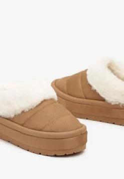 Jasnobrązowe Wsuwane Śniegowce na Platformie Ozdobione Futerkiem Sinthiana