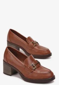 Jasnobrązowe Wsuwane Półbuty na Niskim Kwadratowym Słupku z Metalową Aplikacją Emileke