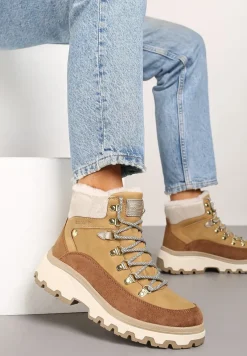 Jasnobrązowe Zimowe Traperki ze Sznurowaną Cholewką Zdobioną Futrem Seavitha