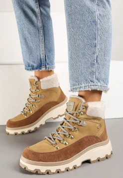Jasnobrązowe Zimowe Traperki ze Sznurowaną Cholewką Zdobioną Futrem Seavitha
