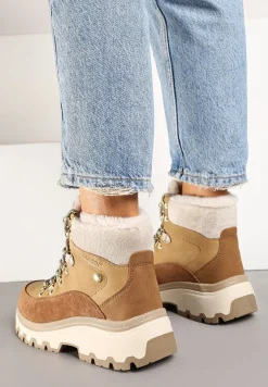 Jasnobrązowe Zimowe Traperki ze Sznurowaną Cholewką Zdobioną Futrem Seavitha