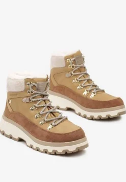 Jasnobrązowe Zimowe Traperki ze Sznurowaną Cholewką Zdobioną Futrem Seavitha