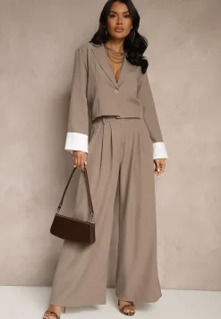 Jasnobrązowy Garniturowy Komplet Marynarka i Spodnie z Kontrastującymi Zdobieniami Davirielle