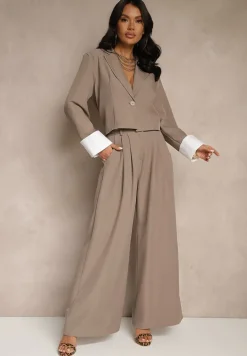 Jasnobrązowy Garniturowy Komplet Marynarka i Spodnie z Kontrastującymi Zdobieniami Davirielle